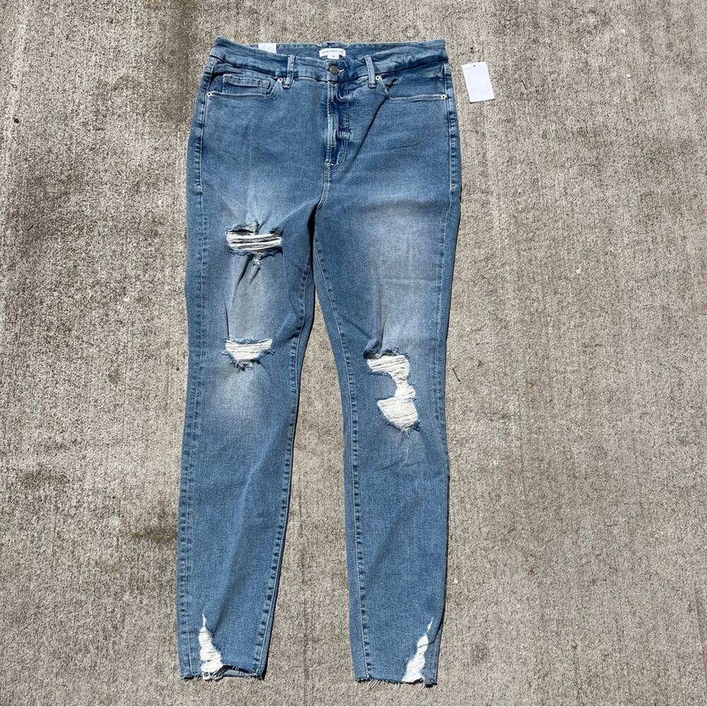 Good American Good Waist Jeans Indigo Distressed Raw Chewed Hem